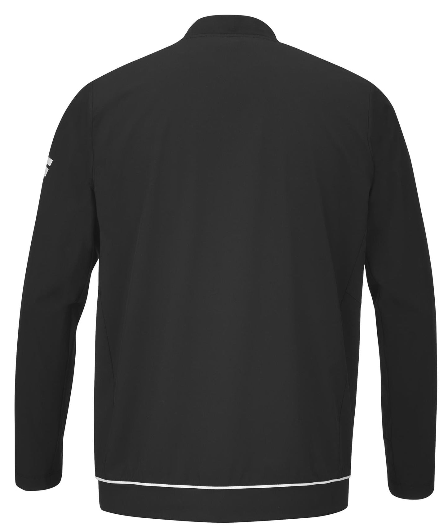 The Babolat Play Men's Padel Jacket in black, made from recycled polyester, is shown from the back. It includes long sleeves and a collar, adorned with a small white logo on the upper left sleeve and a thin white stripe near the bottom hem for added sleekness.
