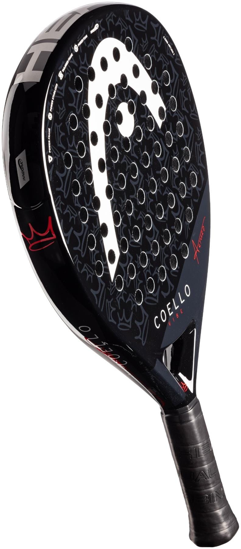 The HEAD Coello Vibe 2025 Padel Racket in black features a perforated surface, white accents, and Arturo Coello's signature, plus a textured black grip—making it an ideal beginner’s racket from HEAD.