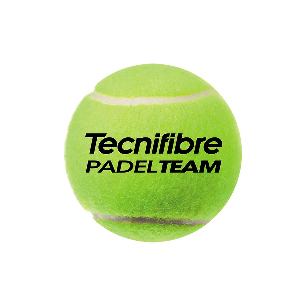 A vivid green Tecnifibre Padel Team ball, with a fuzzy texture and the logo prominently displayed in black, is ideal for any Padel Tour.