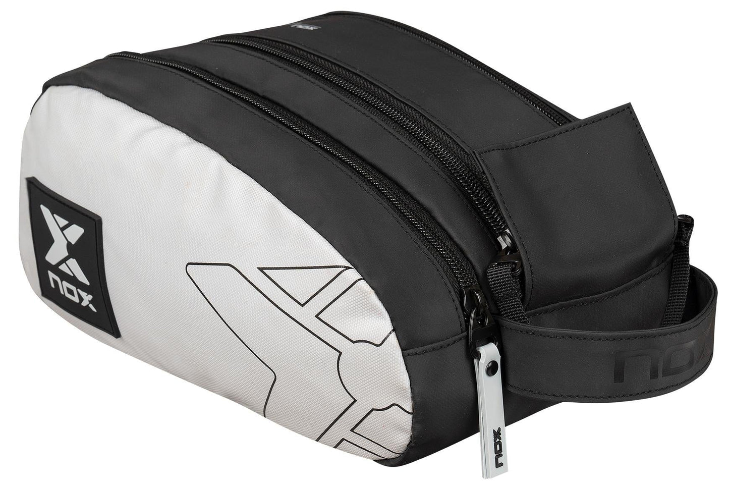 The NOX Luxury Travel Kit Bag - Black/Grey by NOX features a zippered closure, handle, geometric design, and logo—ideal as a padel bag or for organizing toiletries and accessories.