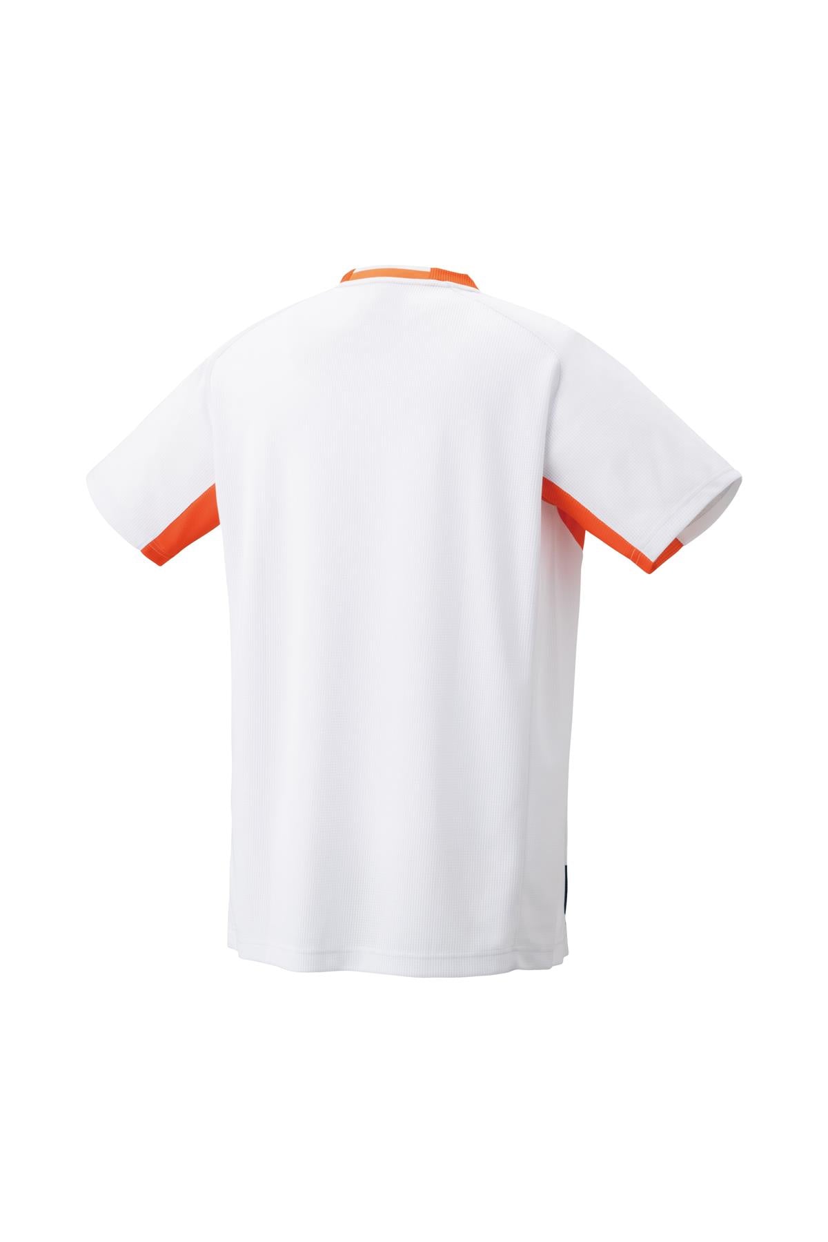 The Yonex 10576 Crew Neck Men's Padel T-Shirt in white showcases vibrant orange accents on the sleeves and collar, utilizing VeryCool Dry technology. Its innovative design, ensuring breathability and comfort, is prominently displayed against a white background—even from the back view.