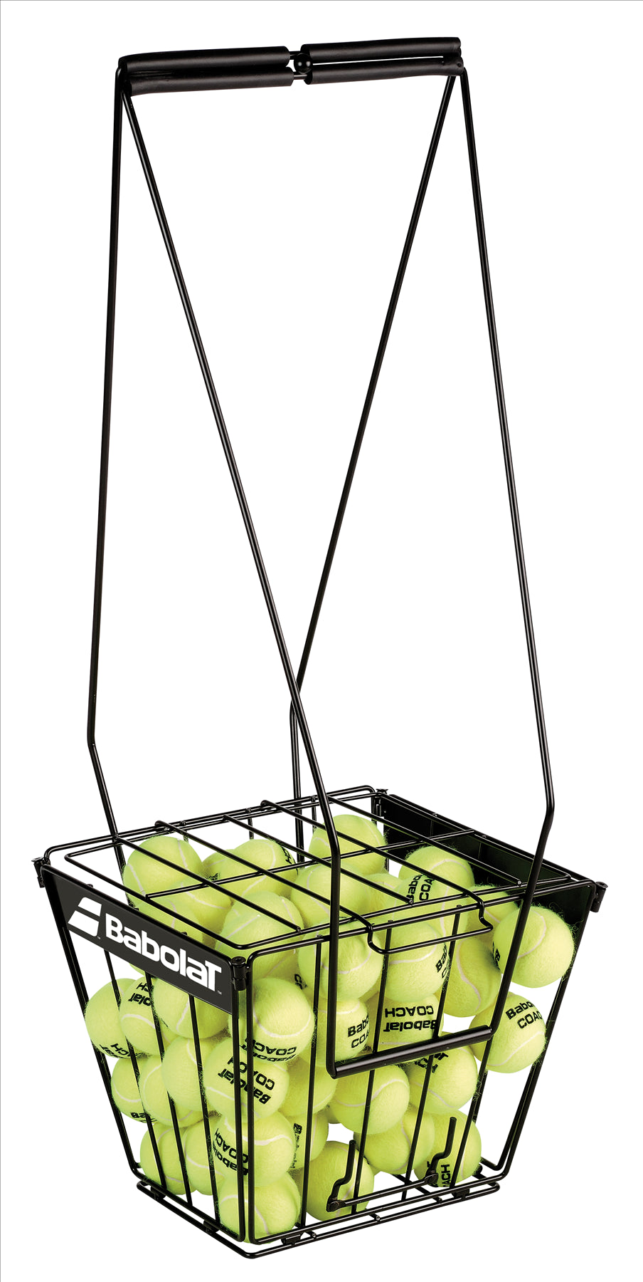 Filled with yellow tennis balls, the black metal ball hopper is perfect for training sessions. It comes equipped with a convenient handle for easy transport and features a branded logo on its side, showcasing the sleek functionality of the Babolat Padel Ball Cart.