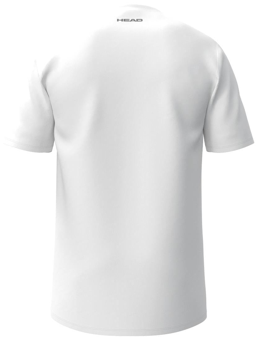 A BACK VIEW of the HEAD Simple Men's Padel T-Shirt in white features short sleeves and a small "HEAD" logo near the neckline. This sporty design offers athletic comfort with a plain look, free from extra patterns or colors.