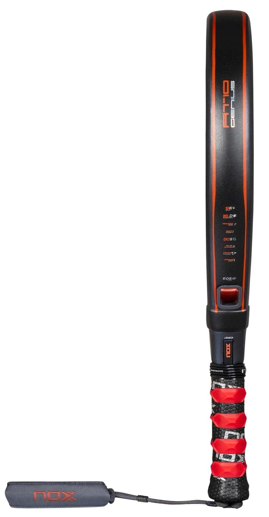 The NOX AT10 Luxury Genius 18K Alum By Agustin Tapia 2025 padel racket features a black and red design, bold brand logo and model on the head, a thick 18K Carbon Alum frame, and a wrapped handle with wrist strap.