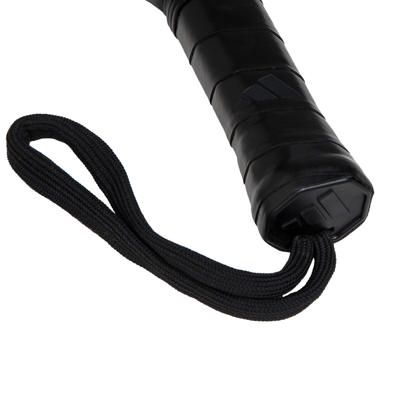Close-up of a black leather-wrapped handle with embossed logo and a black wrist strap, isolated on white—perfect for intermediate players of the adidas RX Series Red 3.4 Padel Racket collection.