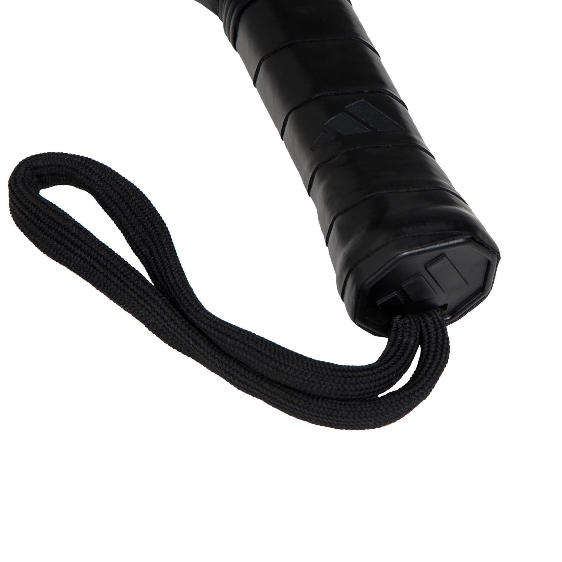 Close-up of a black leather-wrapped handle with embossed logo and a black wrist strap, isolated on white—perfect for intermediate players of the adidas RX Series Red 3.4 Padel Racket collection.