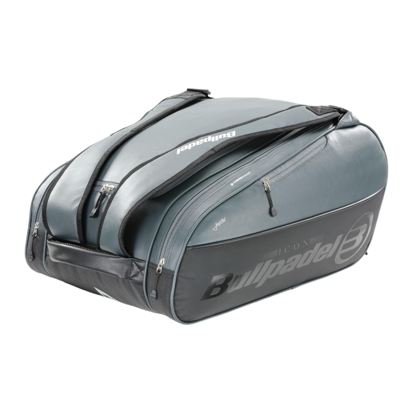 The Bullpadel Icon 25 Padel Racket Bag - Graffiti, preferred by Juan Martín Díaz, features multiple compartments and zippers. It sports the iconic Bullpadel branding and logo, along with a handle and shoulder straps for easy carrying.