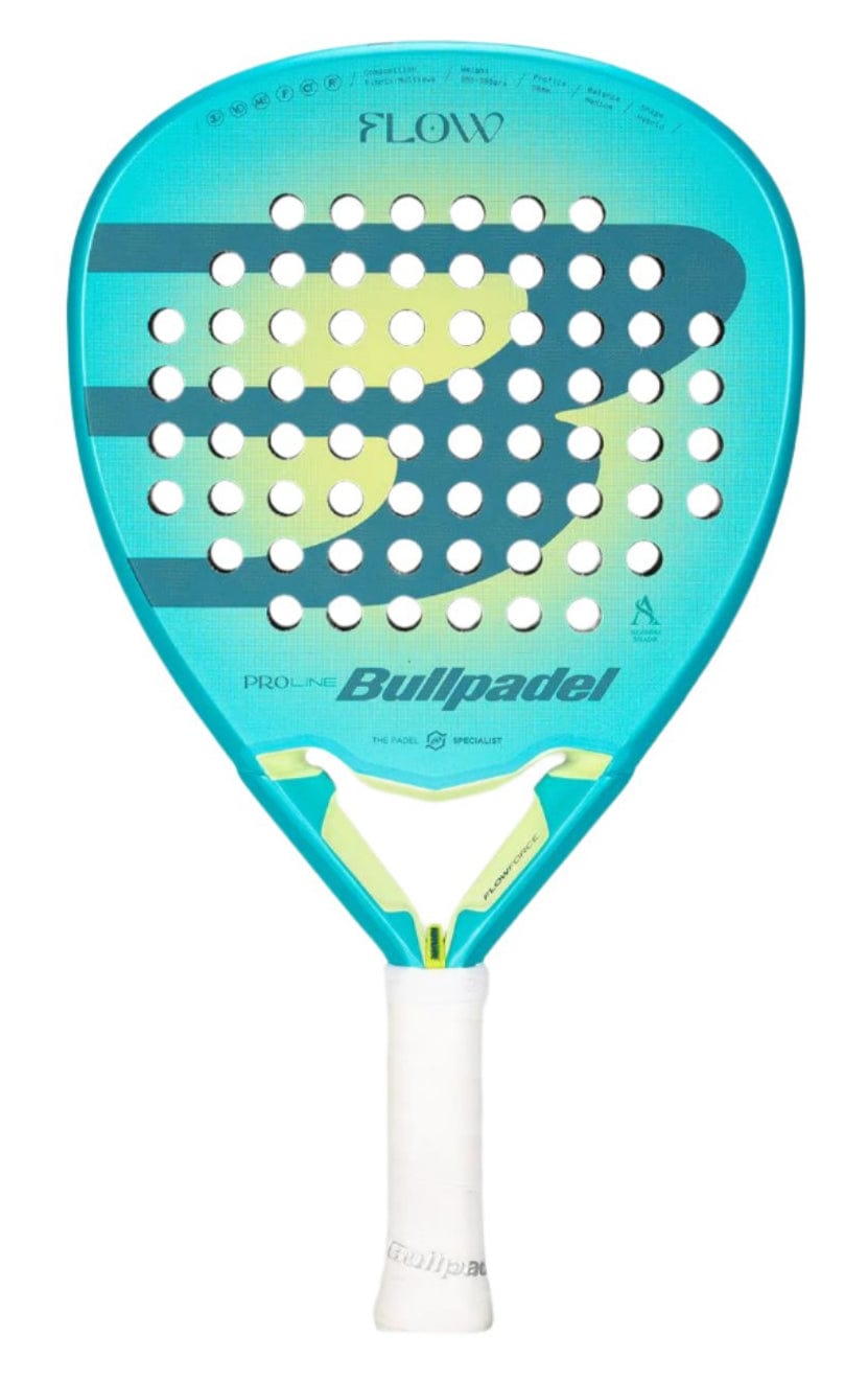 A blue and yellow Bullpadel Flow W 2025 padel racket with a perforated design and a white grip showcases the word "Flowforce" at the top, along with the brand name prominently displayed.
