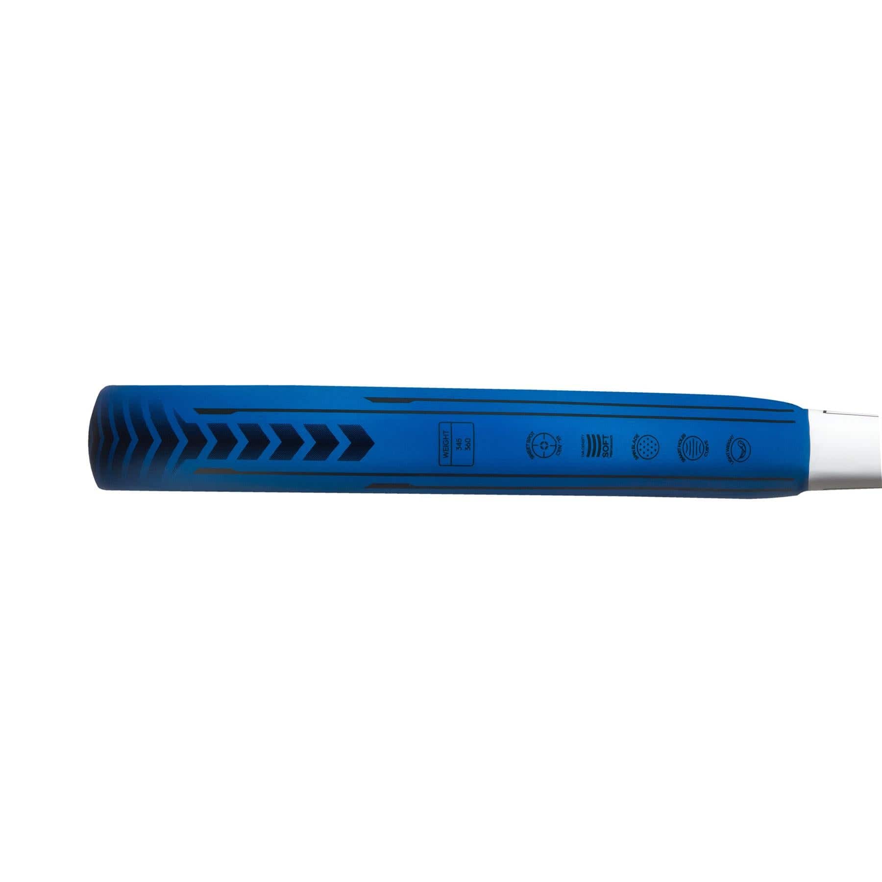 A detailed view of the ADIDAS Metalbone Team Light 3.3 Padel Racket in blue, highlighting its unique design elements including a textured handling area and an innovative design feature for improved performance, with part of its structure visible on one side.