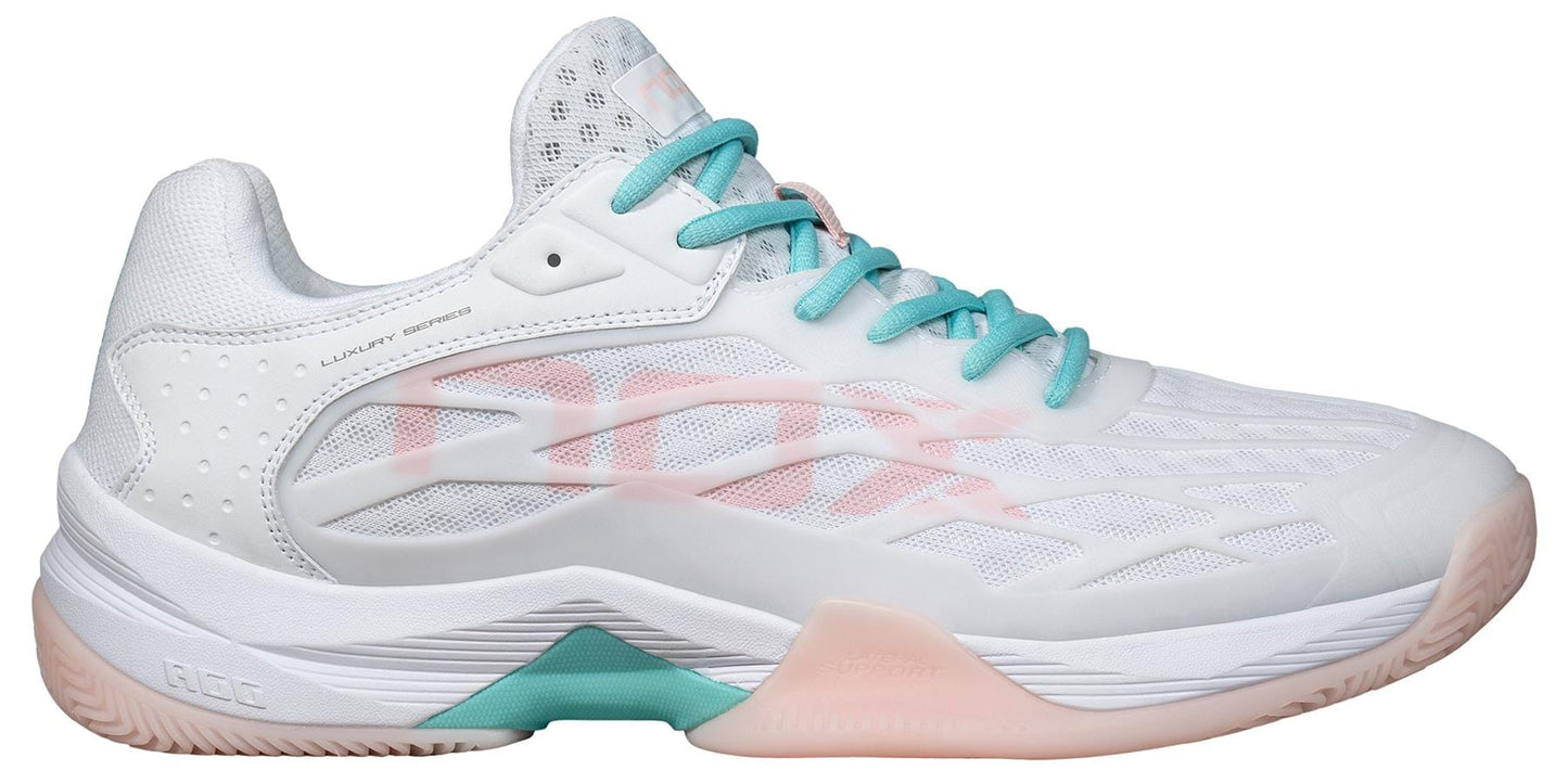 The NOX AT10 Lux Womens Padel Shoes in White/Potpurri feature mesh uppers, light blue laces, pink and teal accents, and a textured sole inspired by Agustin Tapia for top power padel performance.