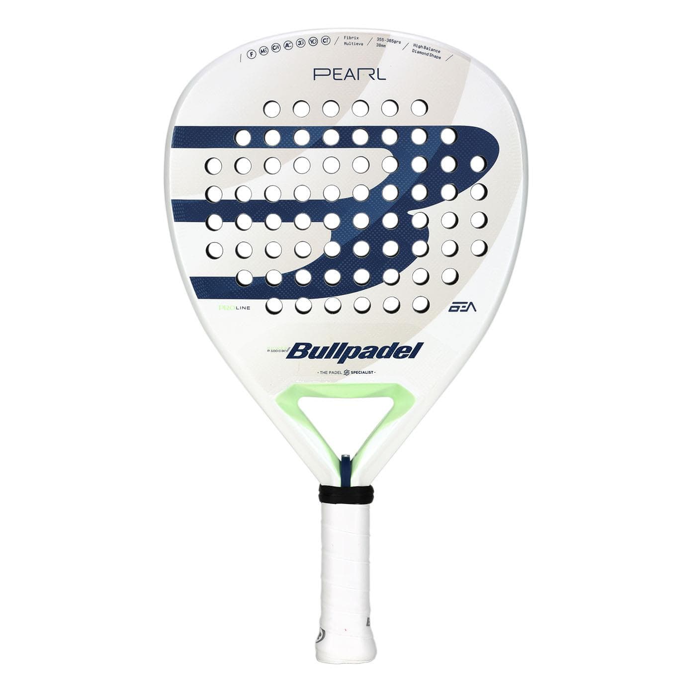 The Bullpadel Pearl 2025 Padel Racket showcases a sleek modern design with a white frame, large blue "B", and TRINAMIC technology for enhanced performance. It features multiple round holes, a white grip, and "Bullpadel" in black near the handle.