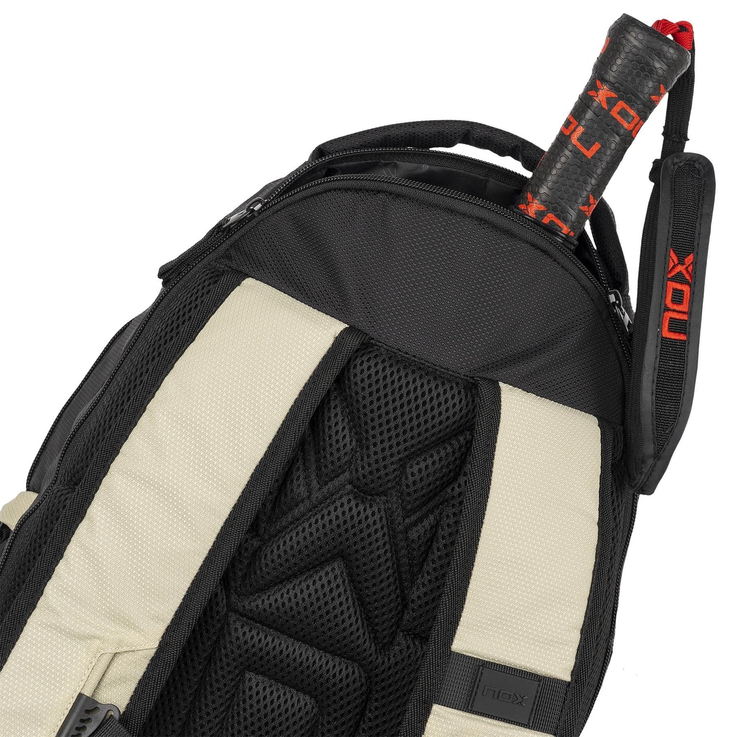 A close-up of the NOX Street Series Padel Racket Bag in black and grey, with padded straps and a tennis racket handle emerging from the top compartment.