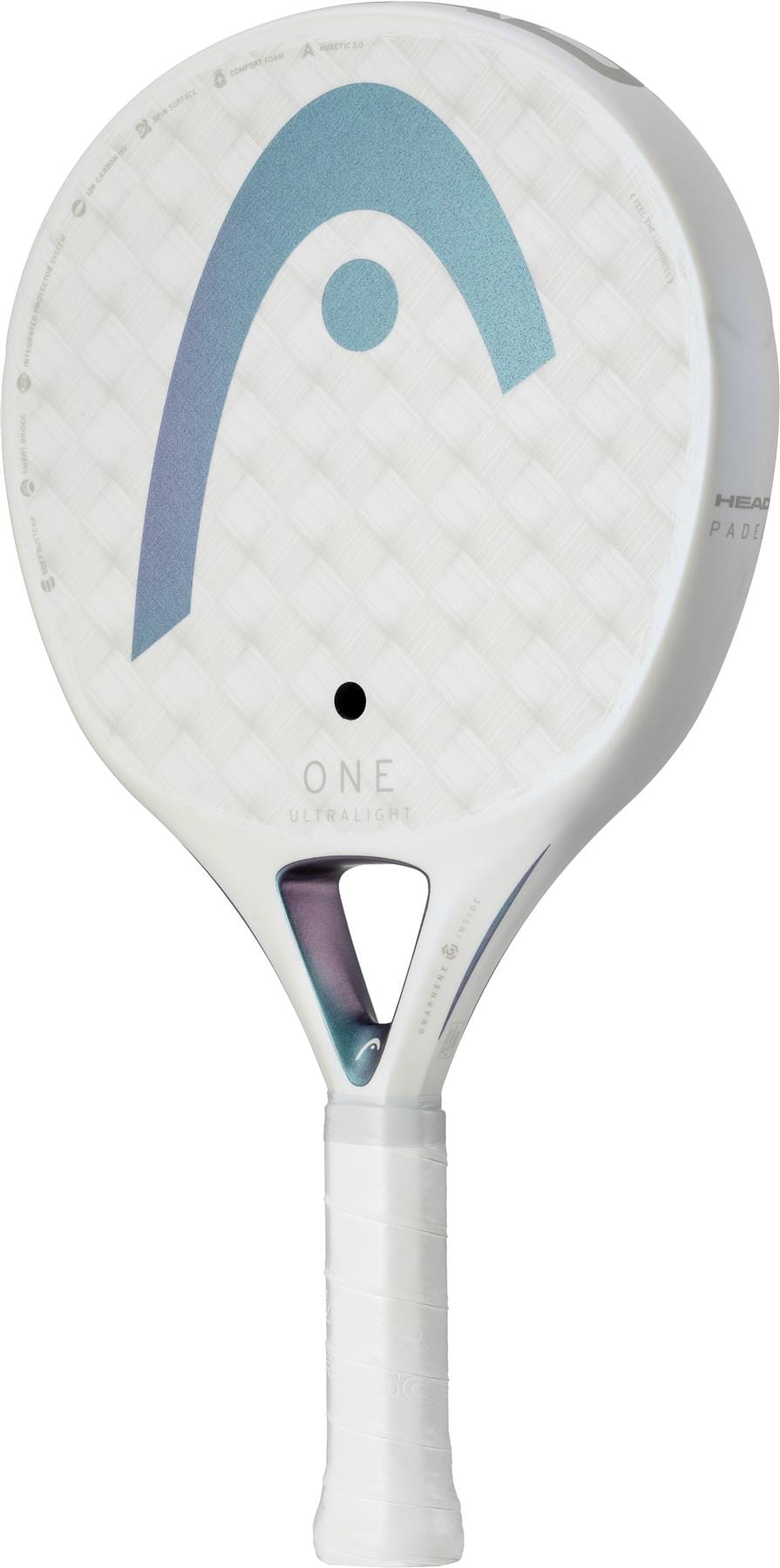 The HEAD One Ultralight Padel Racket in white features a textured surface with a blue and gray logo, a circular hole near the center, and is equipped with a white handle wrapped in grip tape. The model name "ONE" and "ULTRALIGHT" are printed on the paddle.