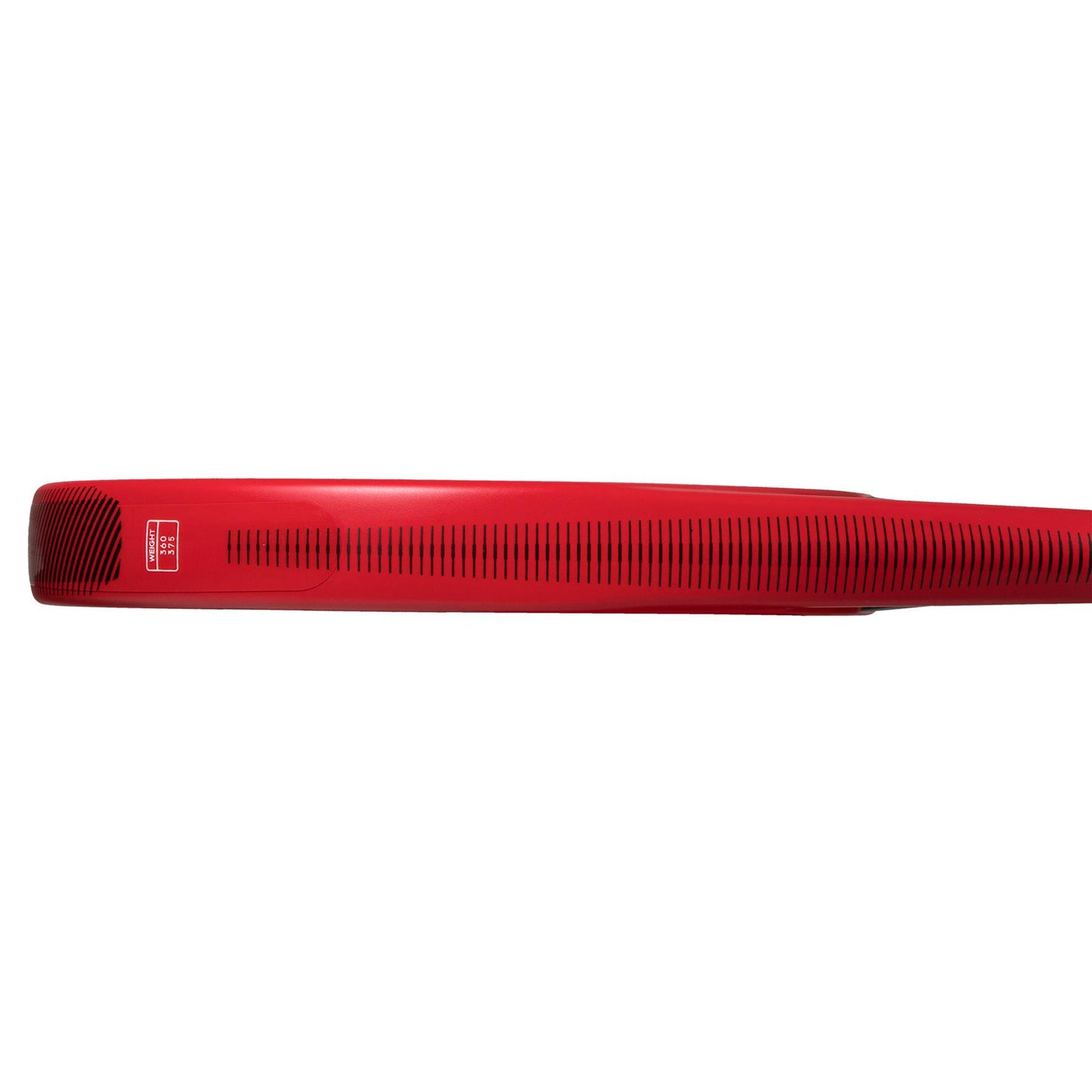 A red electric guitar body, echoing the sleek design and advanced craftsmanship of the ADIDAS RX Series Padel Racket in red by adidas, is displayed from the side. Its vent-like slots enhance sound resonance while the vibrant color creates a striking contrast against the plain white background.