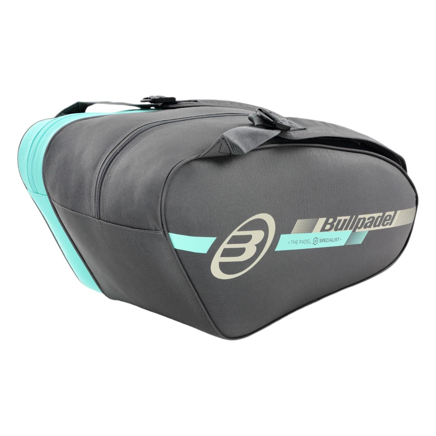 The Bullpadel Tour 25 Padel Racket Bag, in grey, features a padded carrying handle, a side logo reading "Bullpadel" and "The Padel Specialist," and a padded compartment for racket protection.