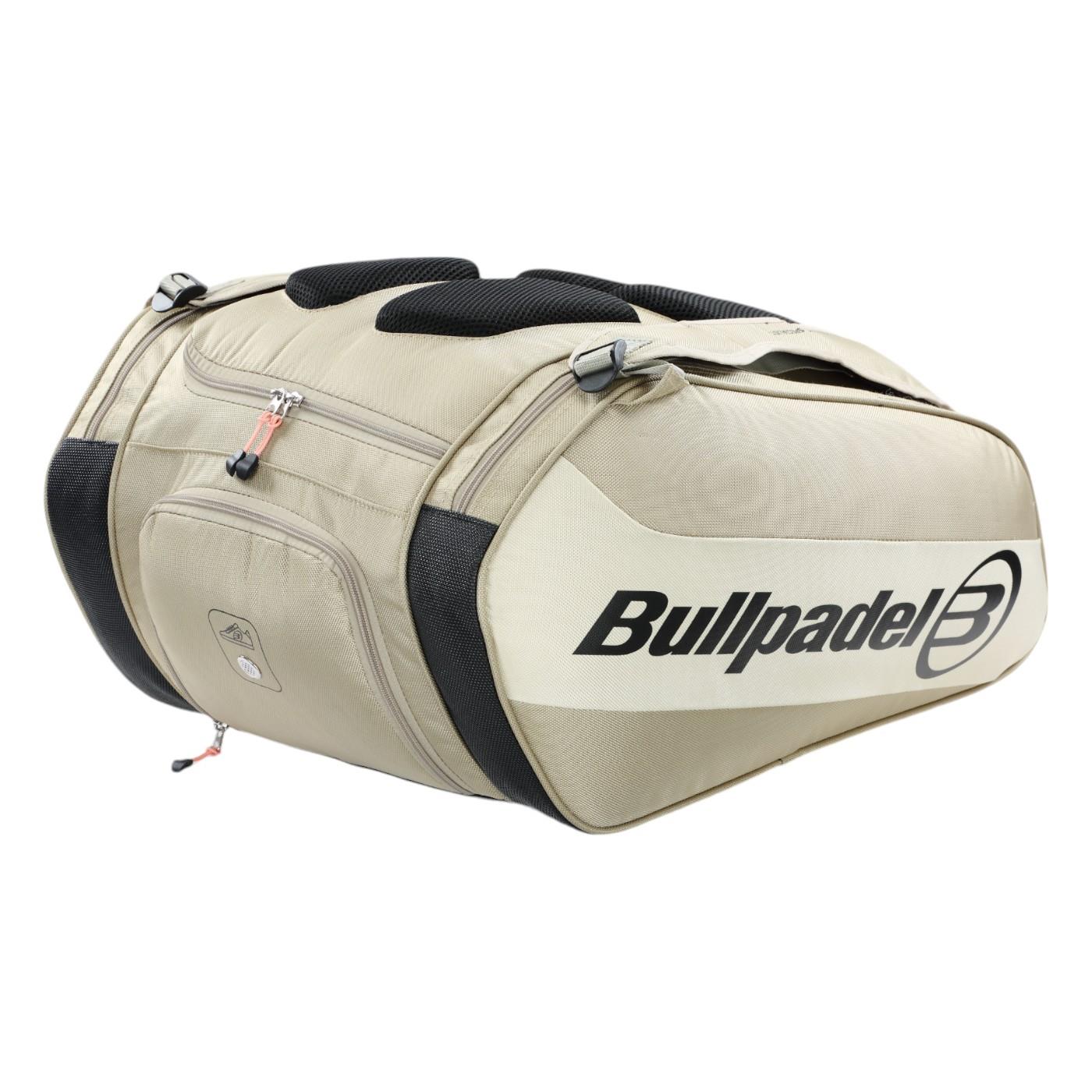The Bullpadel Vertex 25 Padel Racket Bag in stone features reinforced thermo-lined compartments, bold branding, space for a padel racket, multiple zippered pockets, and padded shoulder straps for comfort.