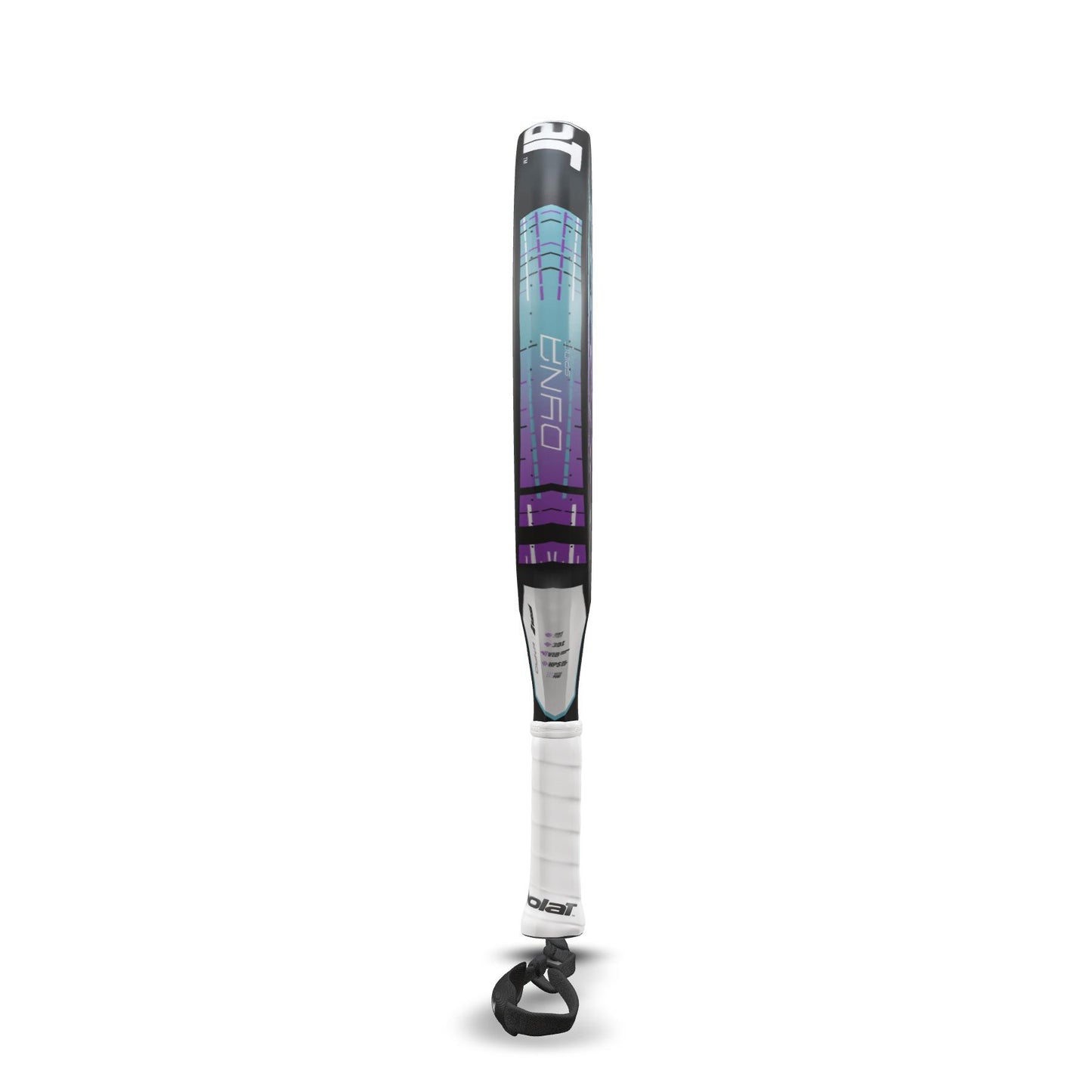 This high-performance padel racket by Babolat, the Dyna Spirit model, features a sleek design with shades of black and purple. Its ergonomic teardrop head shape offers optimal performance, and an end cap is visible at the bottom when the racket is held upright.