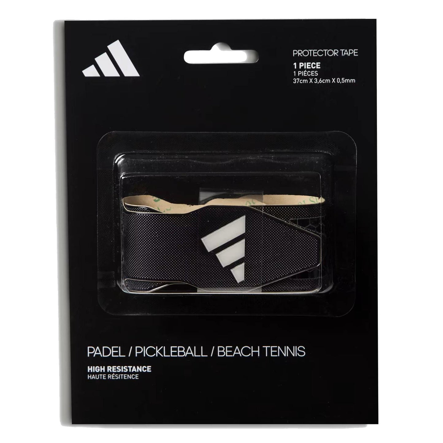 The ADIDAS Antishock Padel Racket Protector Tape - Black, designed for padel, pickleball, and beach tennis, is made of durable, high-quality materials. Featuring a white and black striped logo design, it measures 37cm x 3.6cm x 0.5mm and offers high resistance.