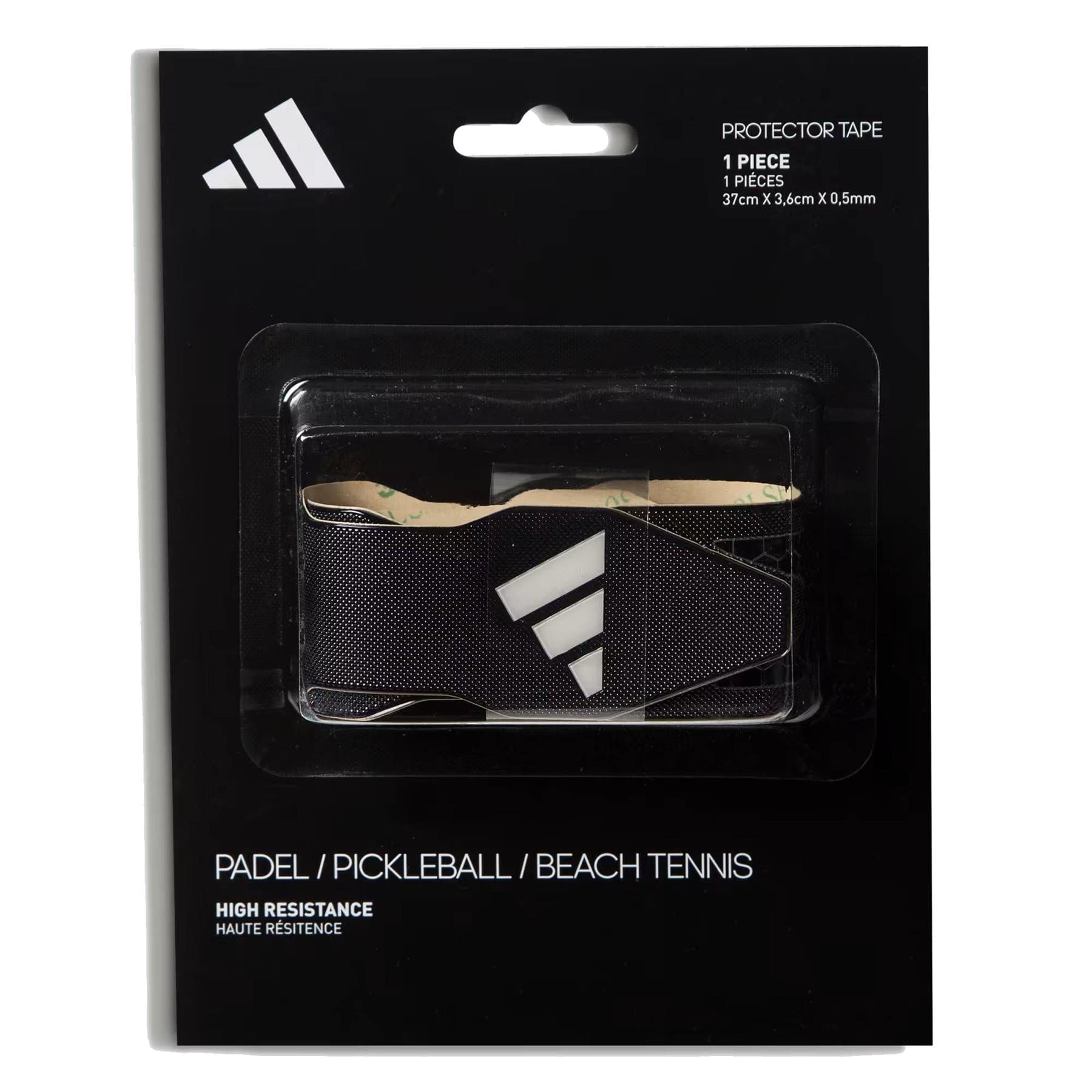The ADIDAS Antishock Padel Racket Protector Tape - Black, designed for padel, pickleball, and beach tennis, is made of durable, high-quality materials. Featuring a white and black striped logo design, it measures 37cm x 3.6cm x 0.5mm and offers high resistance.