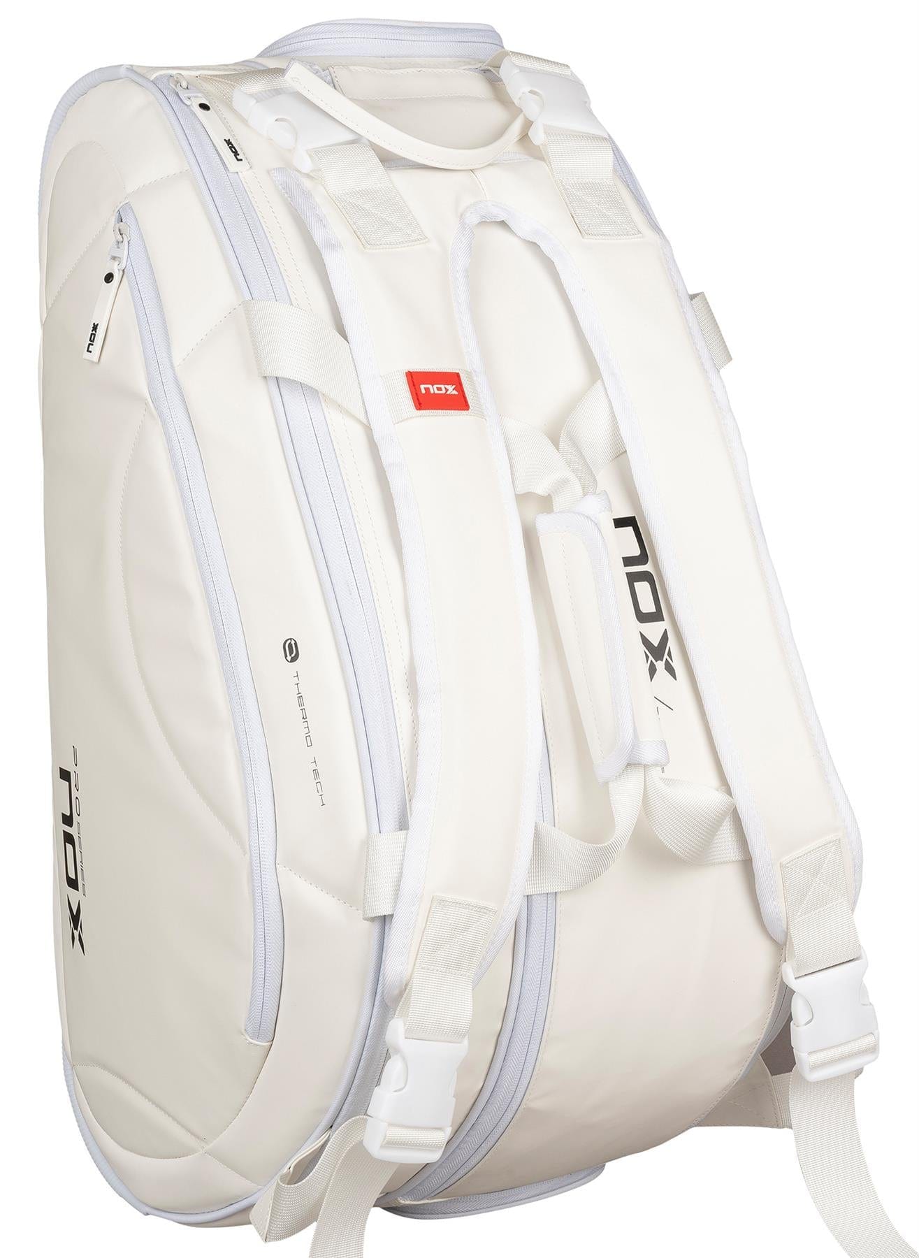 The NOX Pro Series Padel Racket Bag - White features multiple zippered compartments, padded shoulder straps, subtle NOX branding, a sturdy upright design, and offers a spacious 45L capacity for storage.