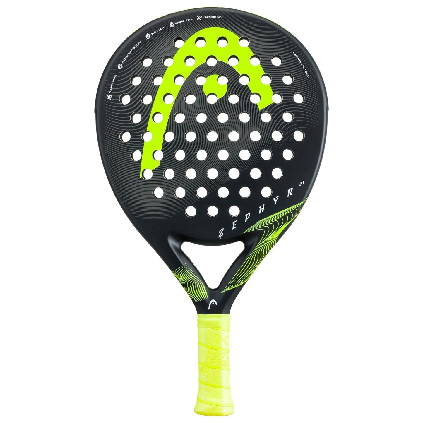 Introducing the HEAD Zephyr UL 2023 padel racket in a stylish black and yellow color scheme, featuring advanced Graphene 360+ technology. Designed with a perforated head and Power Foam for enhanced performance, this racket also includes a yellow grip. The unmistakable brand logo is prominently displayed on the face for added flair.