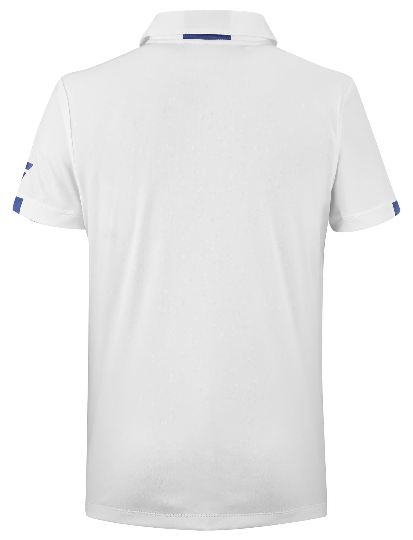 The image showcases the back of the Babolat Play Men's Padel Polo Shirt in white, made from Fiber Dry-polyester. This simple polo features short sleeves with blue accents on the sleeve edges and a subtle blue stripe on the collar.