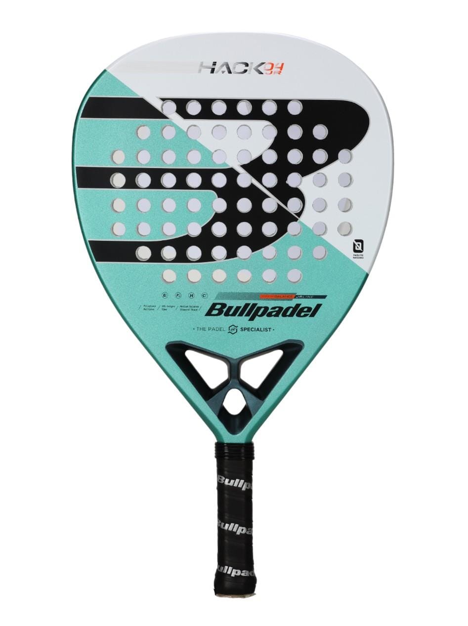 The Bullpadel Hack Junior 25 Padel Racket in teal and white has a teardrop shape, Carbon Tube frame, circular holes, and a black grip with "Bullpadel" branding. It's ideal for advanced junior players.