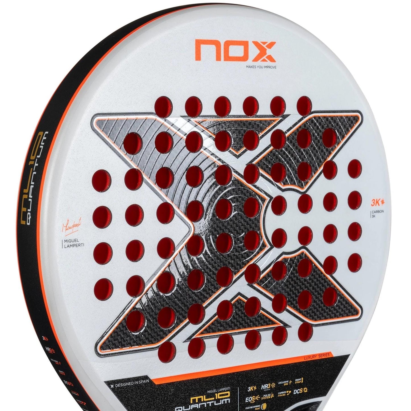 Close-up of the NOX ML10 Luxury Quantum 3K By Miguel Lamperti 2025 Padel Racket, showcasing its white surface, large black and orange "X" motif, red holes, durable 3K carbon fibre, and prominent NOX branding.