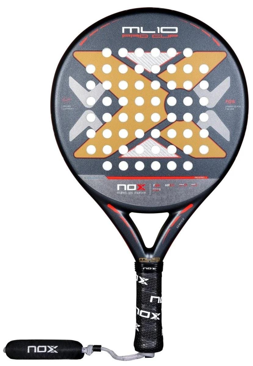 The NOX ML10 Pro Cup Rough Surface By Miguel Lamperti 2025 Padel Racket is black with orange and gray accents, a textured rough surface, symmetric white perforations, and a black grip handle with Smartstrap System wrist strap.