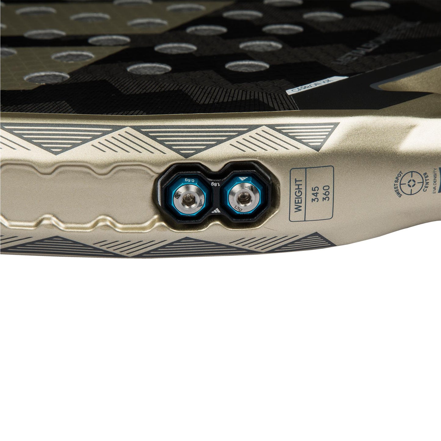 Close-up of the ADIDAS Metalbone CTRL 3.4 Padel Racket - Gold by adidas, showing hexagonal screws, its octagonal structure, metallic design with etched patterns, and a weight range of 345-360 grams.