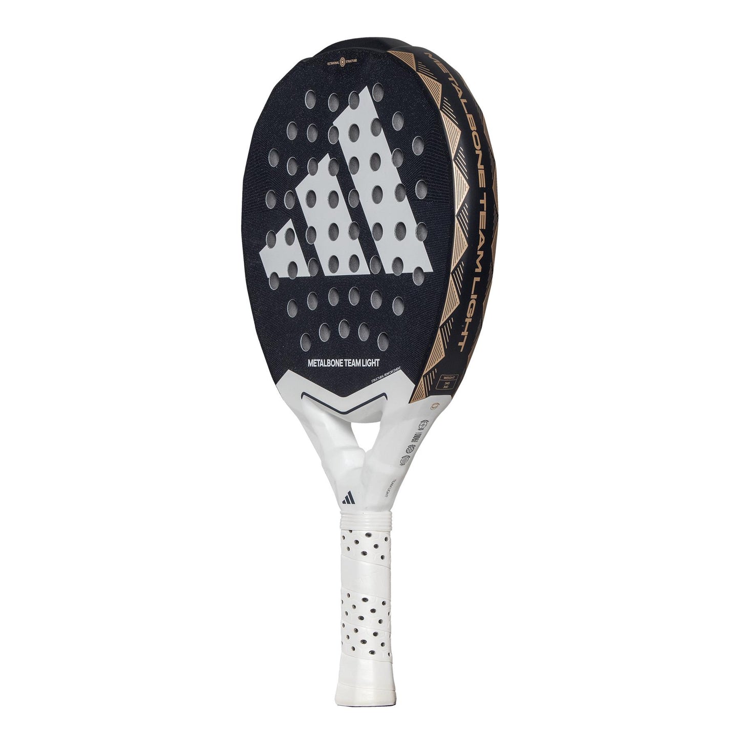 The ADIDAS Metalbone Team Light 3.4 Padel Racket in black and white, by adidas, features a perforated face with the iconic three-stripe design. It has a white grip with black accents, designed for advanced players, and its name is prominently printed on the surface.