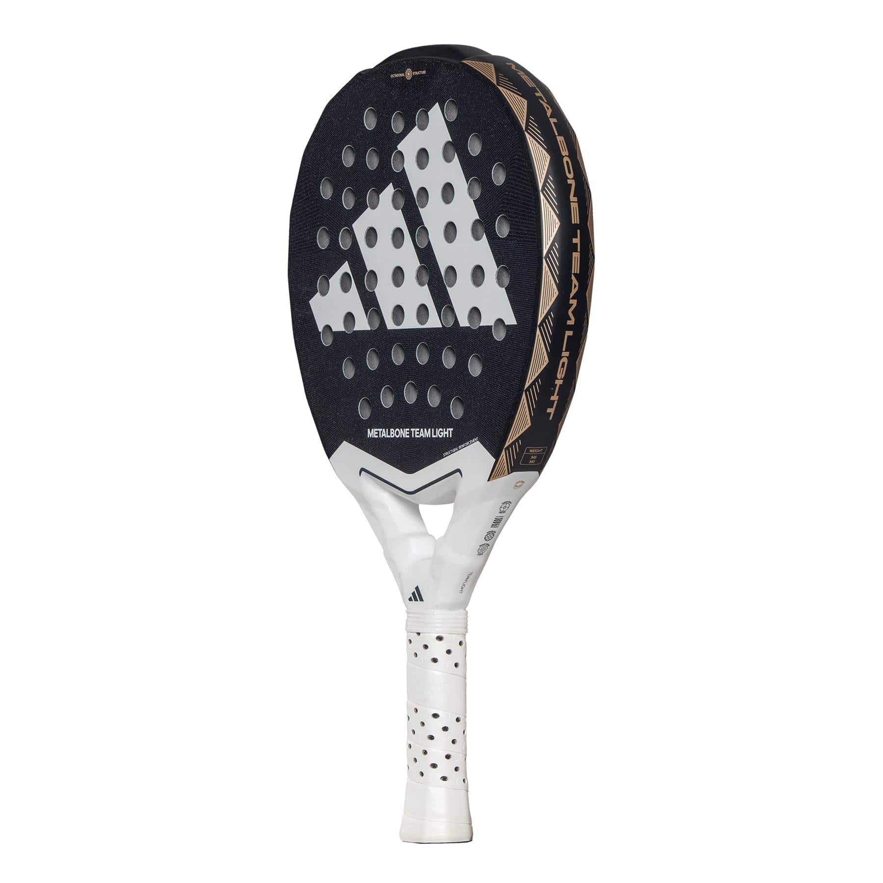 The ADIDAS Metalbone Team Light 3.4 Padel Racket in black and white, by adidas, features a perforated face with the iconic three-stripe design. It has a white grip with black accents, designed for advanced players, and its name is prominently printed on the surface.