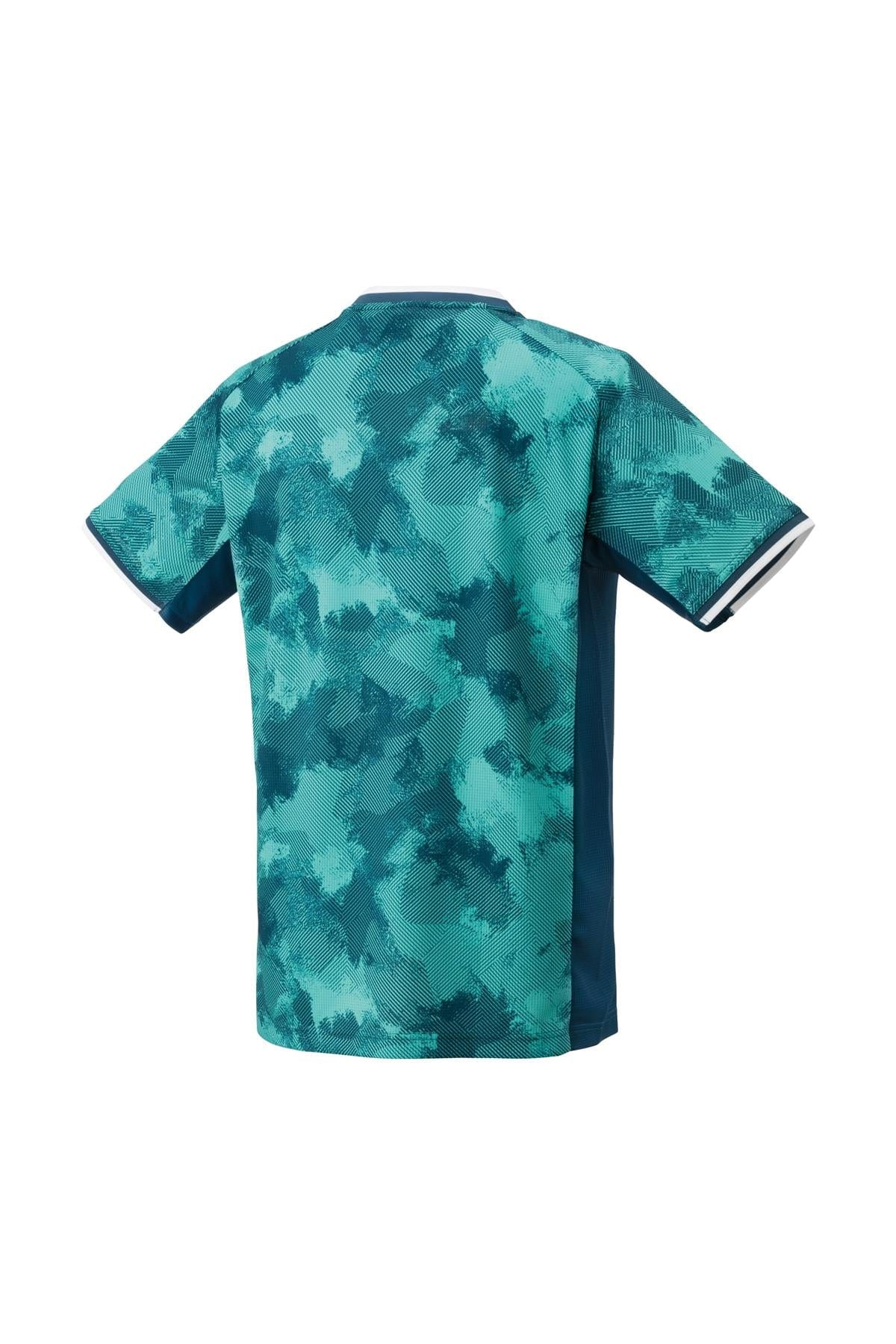 Introducing the Yonex 10575 Crew Neck Men's Padel T-Shirt in Night Sky by Yonex. This short-sleeved athletic jersey is equipped with VeryCool Dry technology and features a stylish green and teal camouflage pattern. The back is designed with a V-shaped neckline complemented by dark green side panels, while the sleeves are adorned with white accents, delivering both style and high performance during intense workouts.