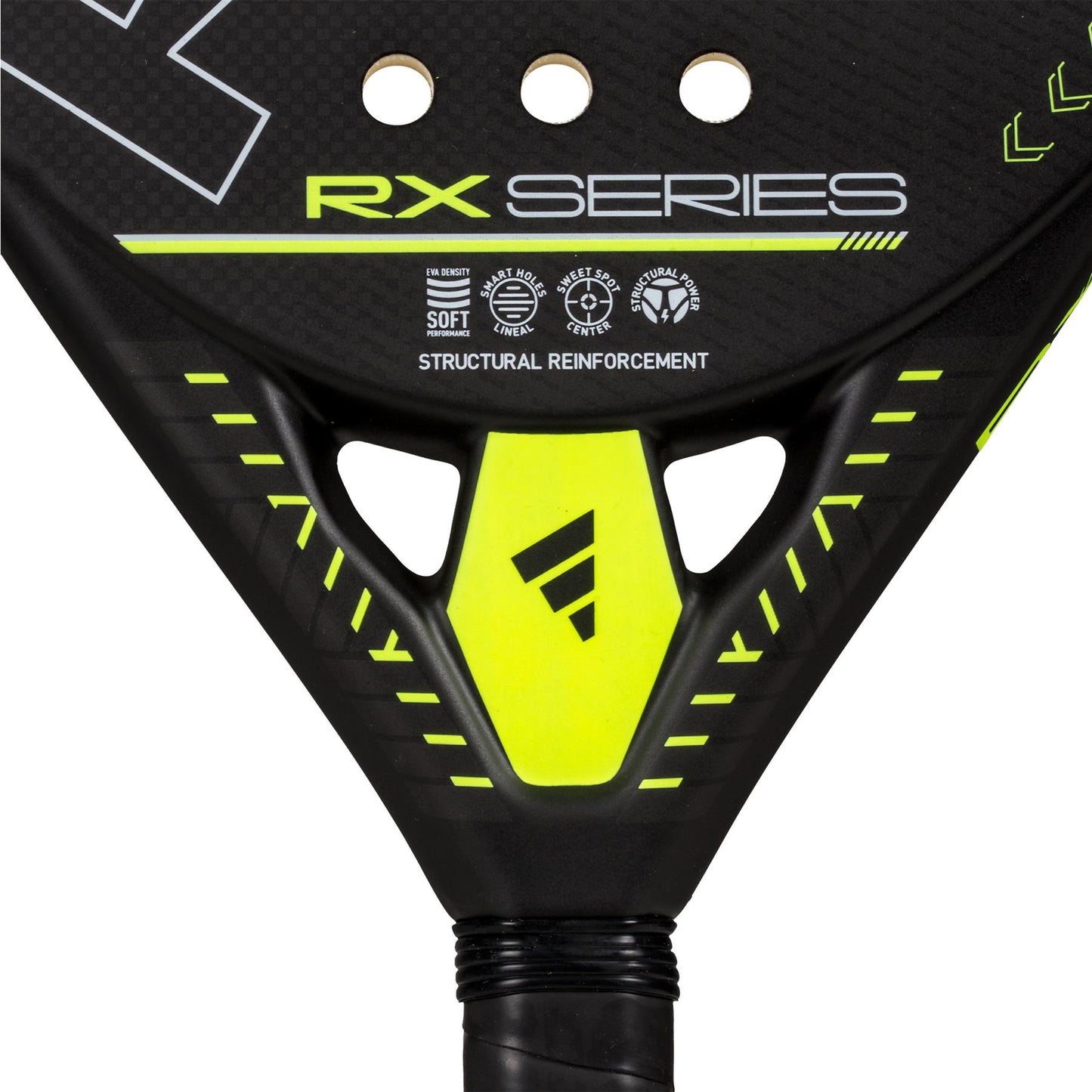 Close-up of the ADIDAS RX Series Lime 3.4 padel racket in black and lime, designed for intermediates. Features "Soft Performance," "Structural Reinforcement," geometric patterns, the RX Series text, and a logo near the handle.