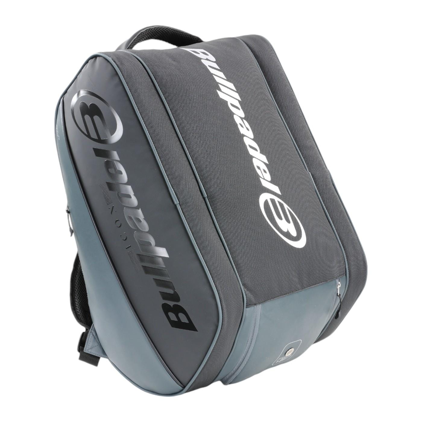 Introducing the Bullpadel Icon 25 Padel Racket Bag - Graffiti: a grey and black bag with a spacious compartment and padded straps. Featuring the Bullpadel logo in white, it's perfect for fans of legends like Juan Martín Díaz on the court.