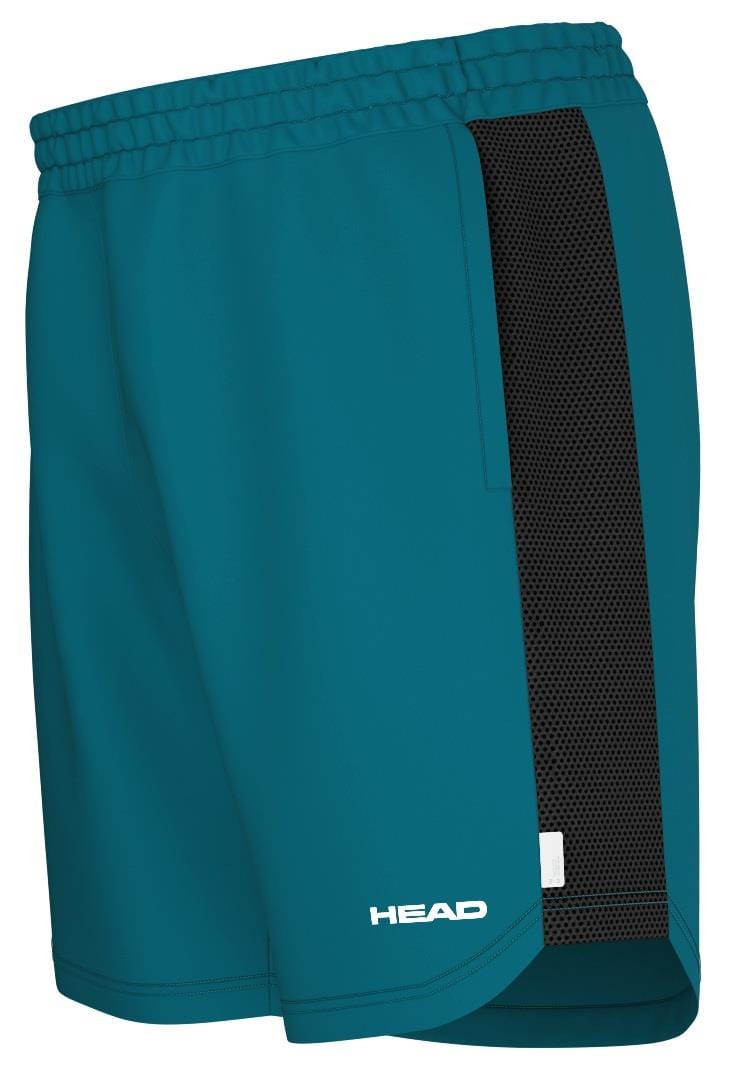 The HEAD Power Men's Padel Shorts - TE are teal athletic shorts with an elastic waistband, black mesh stripe, and a white "HEAD" logo near the hem. Featuring Moisture Transfer Microfiber technology and 4-way stretch for ultimate comfort.