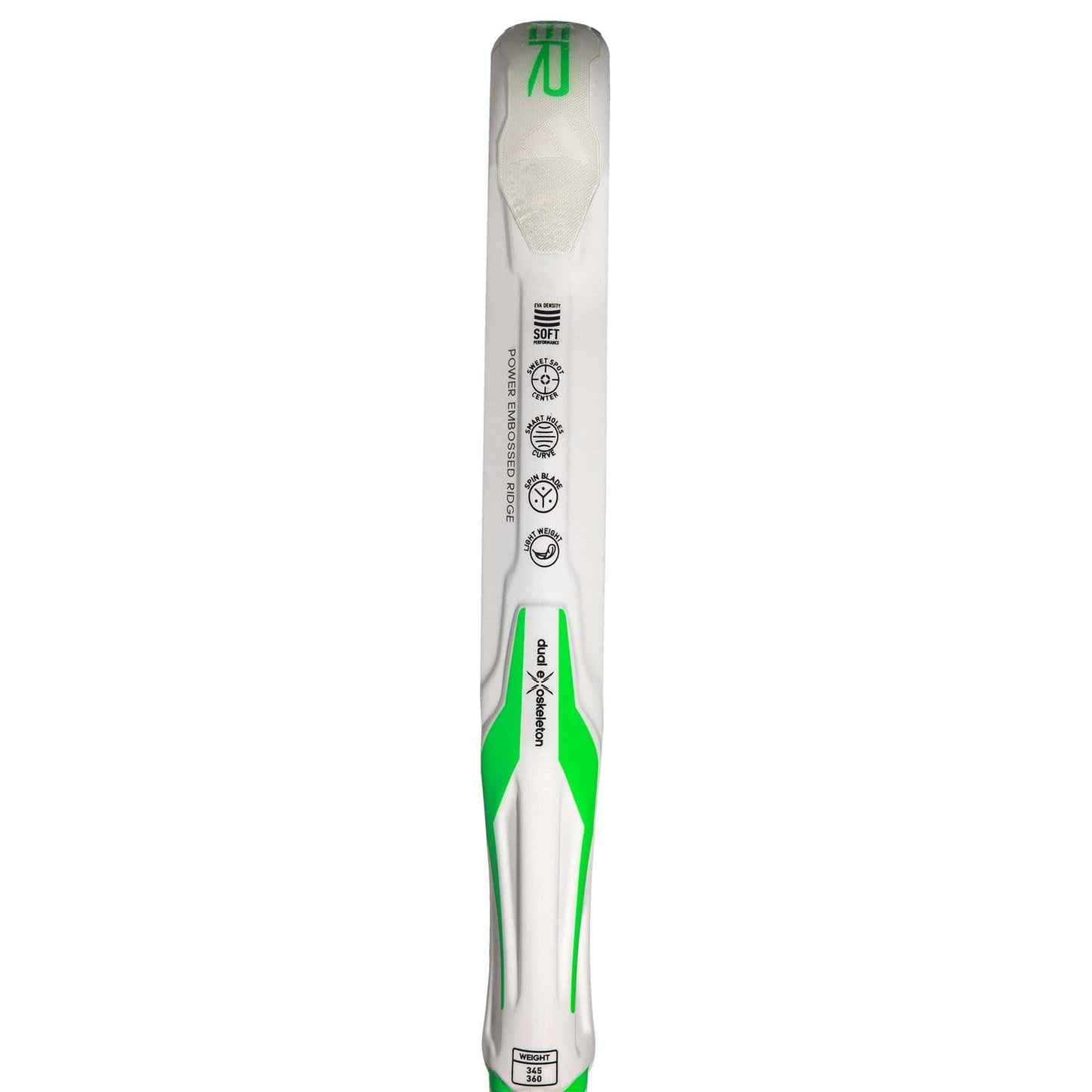 A close-up of the ADIDAS Adipower Light 3.3 Padel Racket displays its white frame with green accents, offering excellent control. The adidas logo and black text embellish the spine, creating a sleek design that echoes the precision associated with high-quality padel rackets.