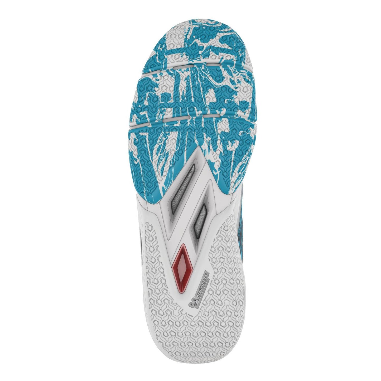 The image displays the bottom view of a Babolat Movea 2 Men's Padel Shoe, featuring a Michelin Padel sole with a textured pattern in white and cyan blue, accented by a red diamond detail. The grooves enhance traction for superior court performance.