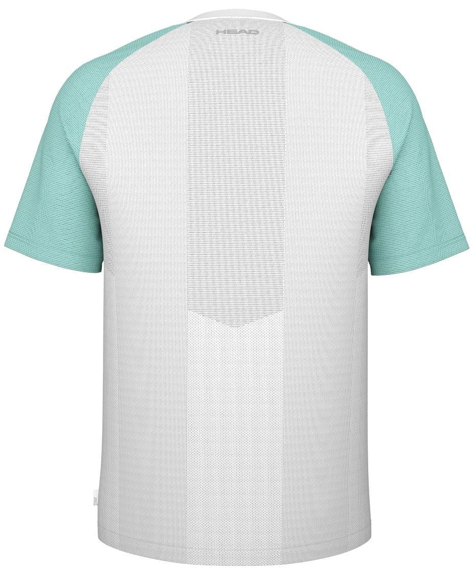 The back view of the HEAD Performance Men's Padel T-Shirt - XPAQ displays white and light teal panels, features Moisture Transfer Microfiber for breathability and comfort, and an embossed HEAD logo.