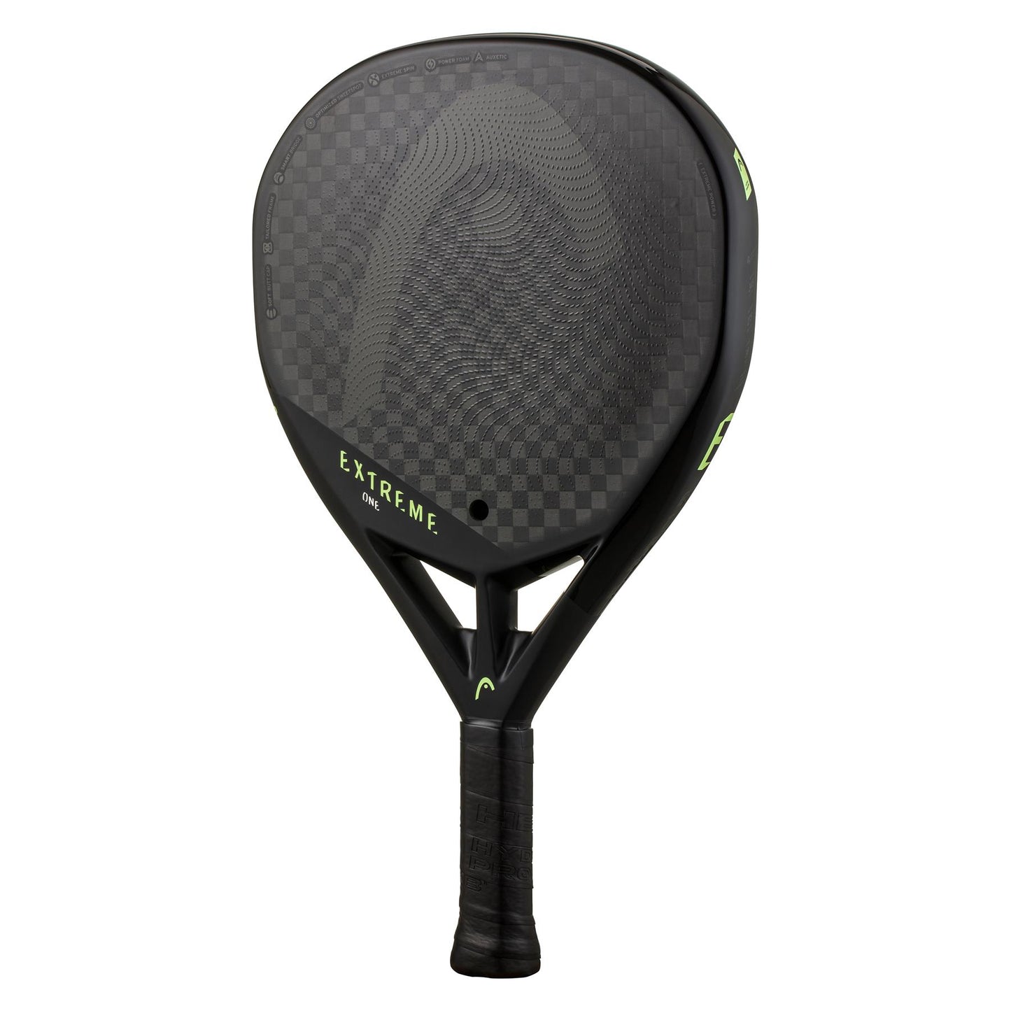 The HEAD Extreme One 2023 Padel Racket from leading brand HEAD showcases a sleek black design featuring a textured circular pattern. With "EXTREME" prominently displayed in bold white on the handle, this model merges contemporary style with sophisticated aesthetics. Equipped with advanced Auxetic technology, it delivers exceptional performance to give you an advantage in every match.