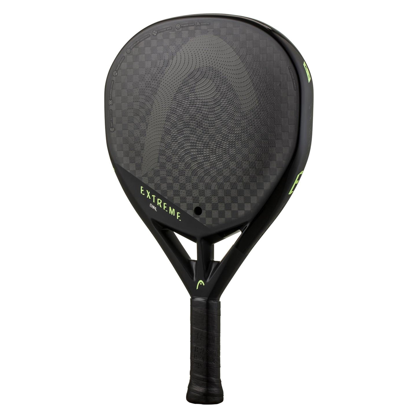 The HEAD Extreme One 2023 Padel Racket from leading brand HEAD showcases a sleek black design featuring a textured circular pattern. With "EXTREME" prominently displayed in bold white on the handle, this model merges contemporary style with sophisticated aesthetics. Equipped with advanced Auxetic technology, it delivers exceptional performance to give you an advantage in every match.