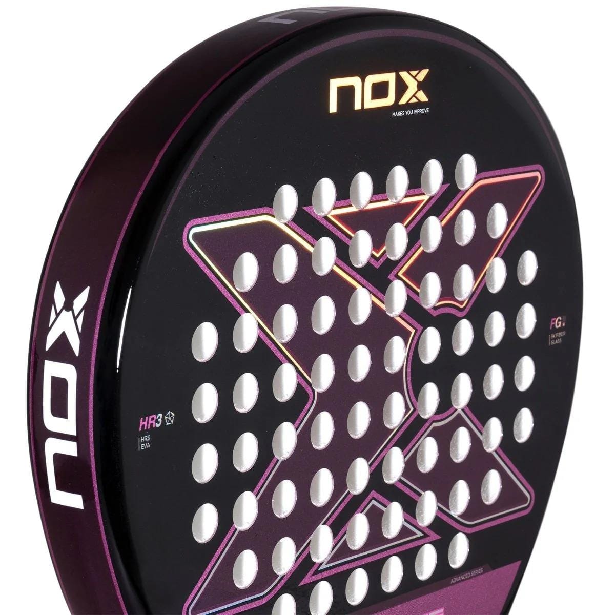 Close-up of the NOX X-One Silhouette Advance Series Padel Racket in black and pink, featuring a bold X design, round holes, HR3 core, Fibre Glass 3K face, and prominent NOX logos on the edge and face.