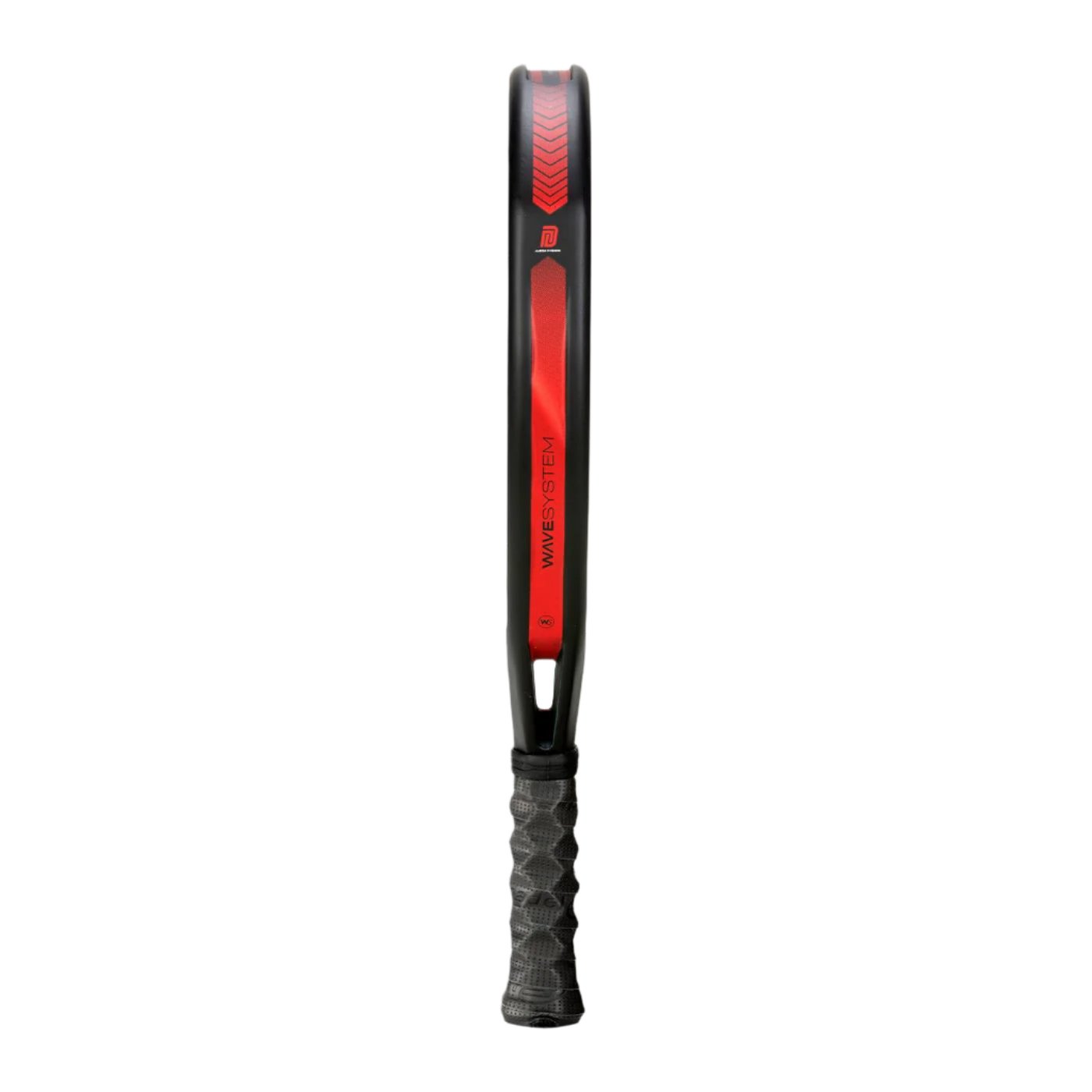 Side view of the Bullpadel Xplo 2025 Padel Racket, featuring a sleek black and red frame. The handle is wrapped with black grip tape, prominently displaying the Bullpadel logo on the side of this powerful racket. Engineered for explosive power, it is highlighted against a white background.