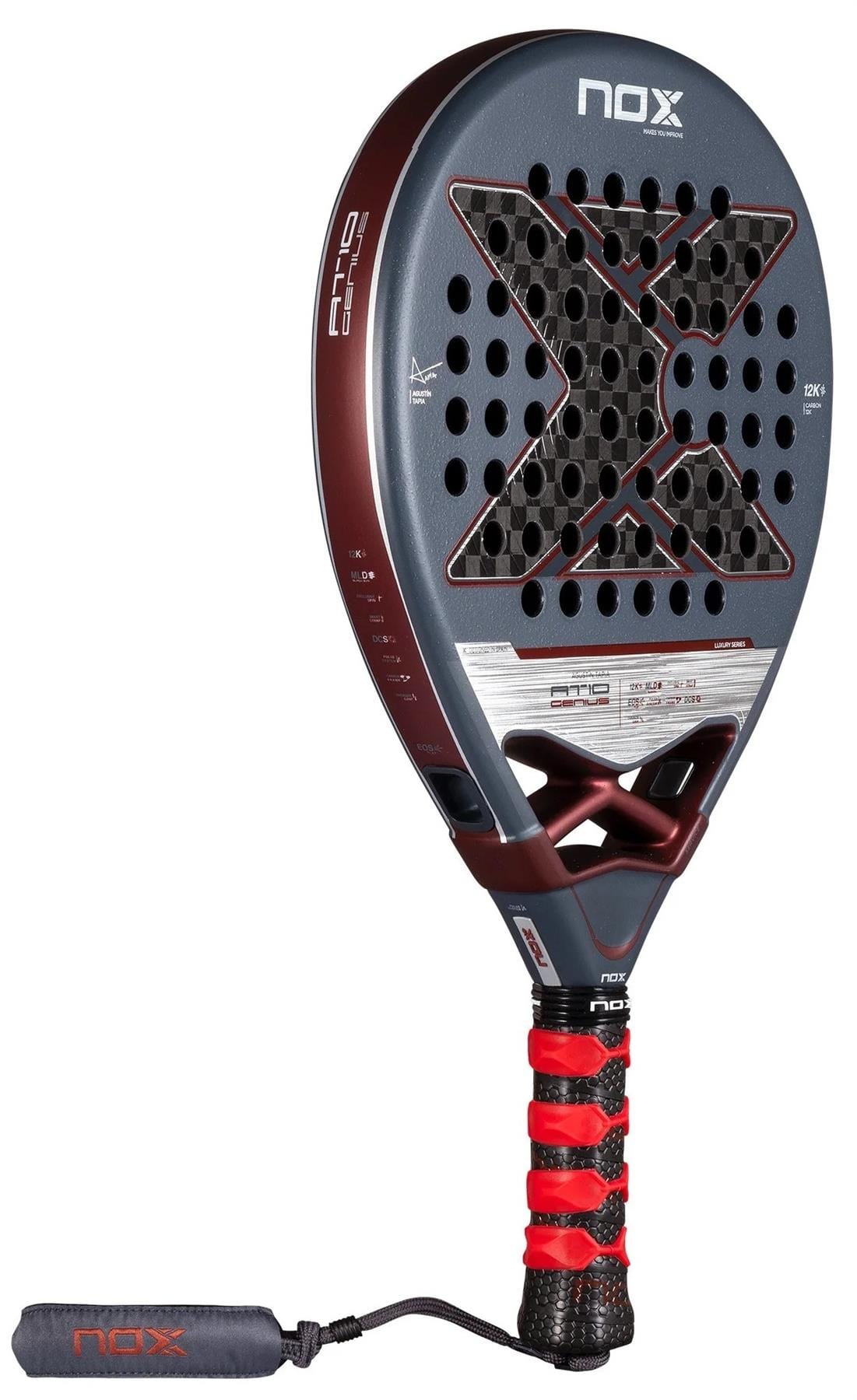 The NOX AT10 Luxury Genius 12K By Agustin Tapia 2025 padel racket features a gray, black, and red design with 12K carbon fiber, a perforated face, bold “X” motif, red accents, and a red-black grip. Brand: NOX.