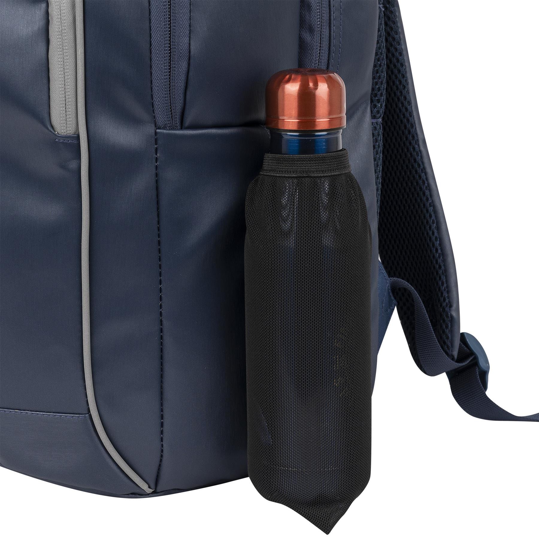 A close-up of the NOX Pro Series Padel Backpack - Blue by NOX, showing a black mesh side pocket holding a metallic water bottle with a copper-colored cap and featuring an advanced air ventilation system.