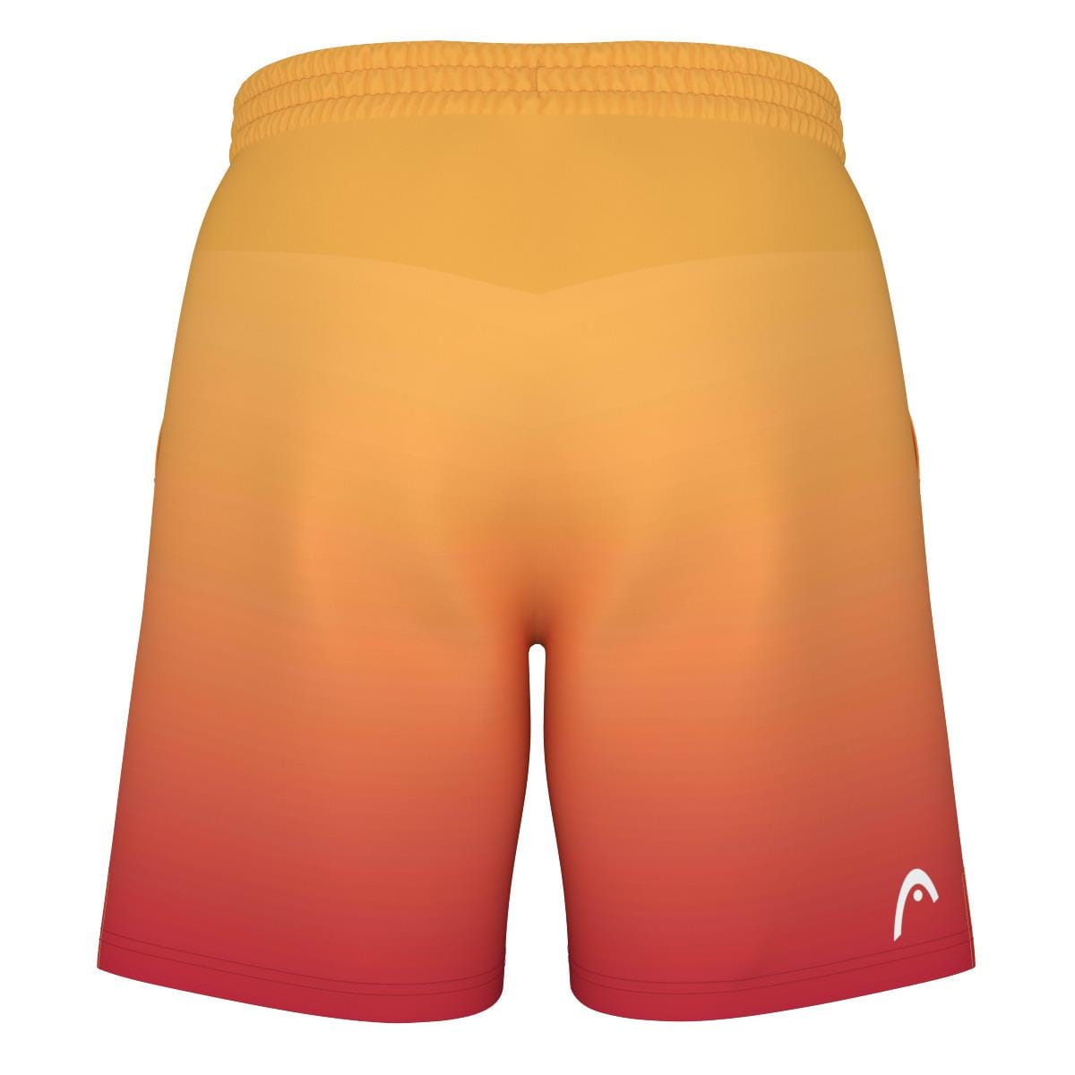 Back view of the HEAD Vision Power II Mens Padel Shorts by HEAD, showcasing a gradient design transitioning from yellow at the waistband to red at the hem. These shorts include an elastic waistband, 4-way stretch fabric for enhanced flexibility, and feature a small white logo on the lower right side.