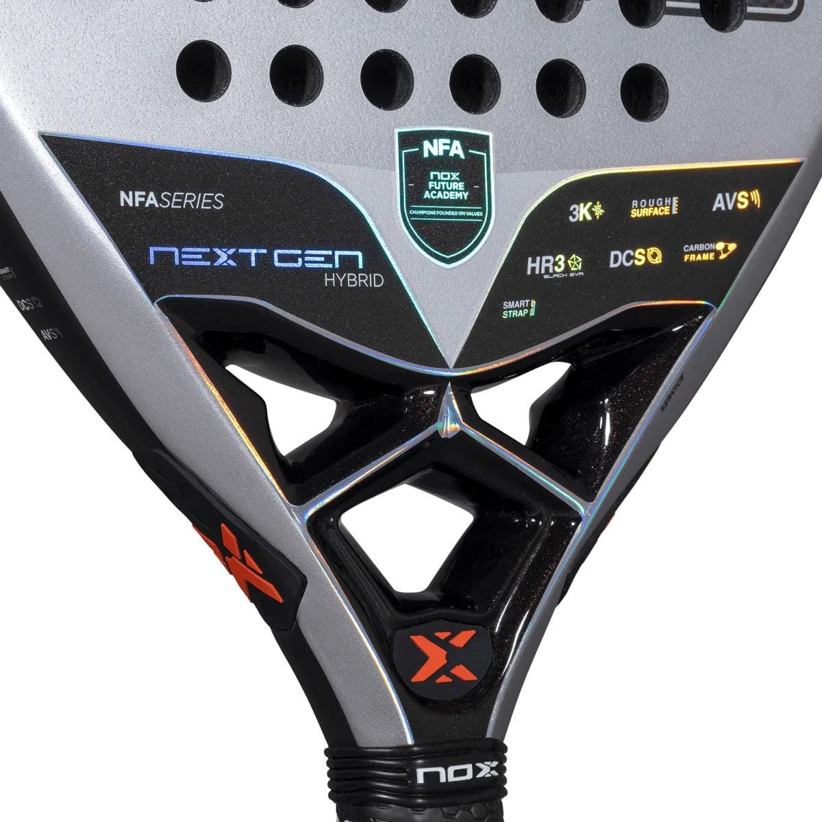Close-up of the NOX NFA Nextgen Pro Hybrid 3K Padel Racket in silver and black, showcasing NOX branding, performance icons, "NFA," "NEXT GEN HYBRID," and advanced 3K Carbon with HR3 Black Eva foam.
