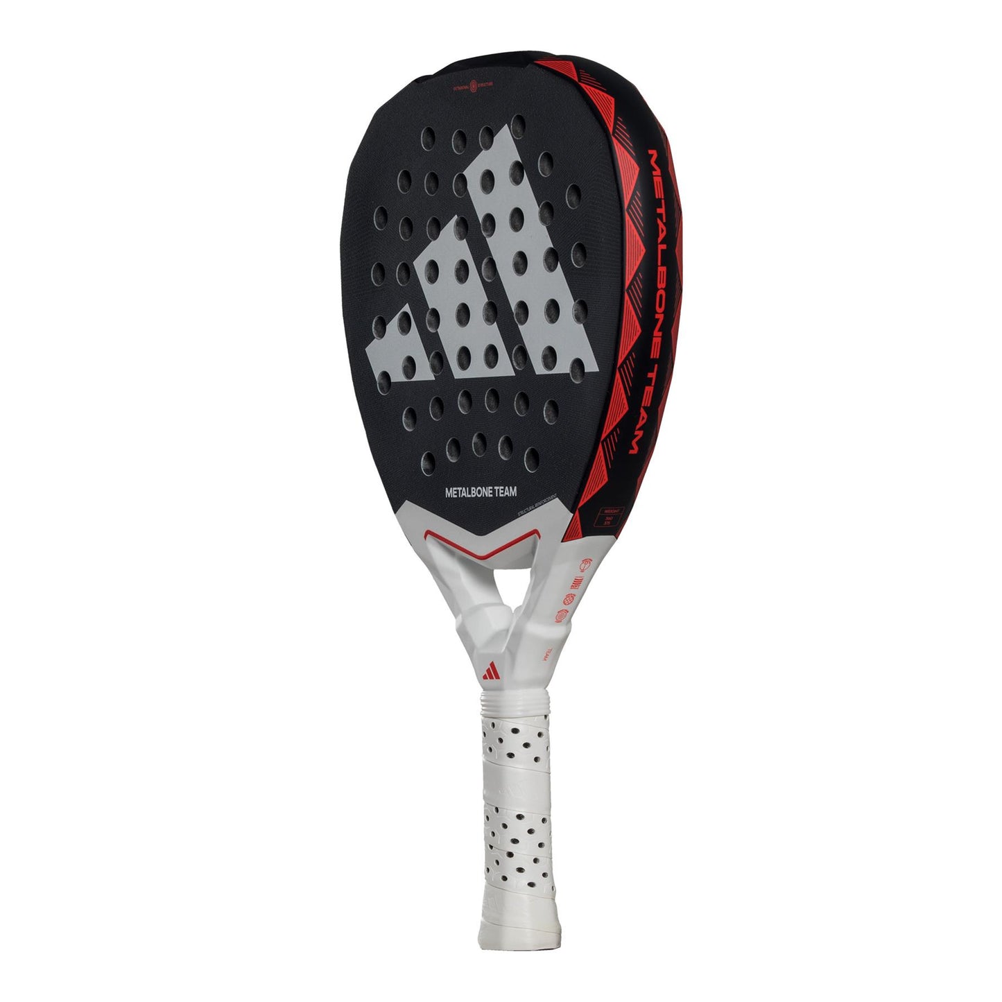 The adidas Metalbone Team 3.4 Padel Racket in Black/Red, perfect for advanced players, features a perforated surface for precision, a comfortable padded white grip, and the brand's logo prominently displayed on the face.