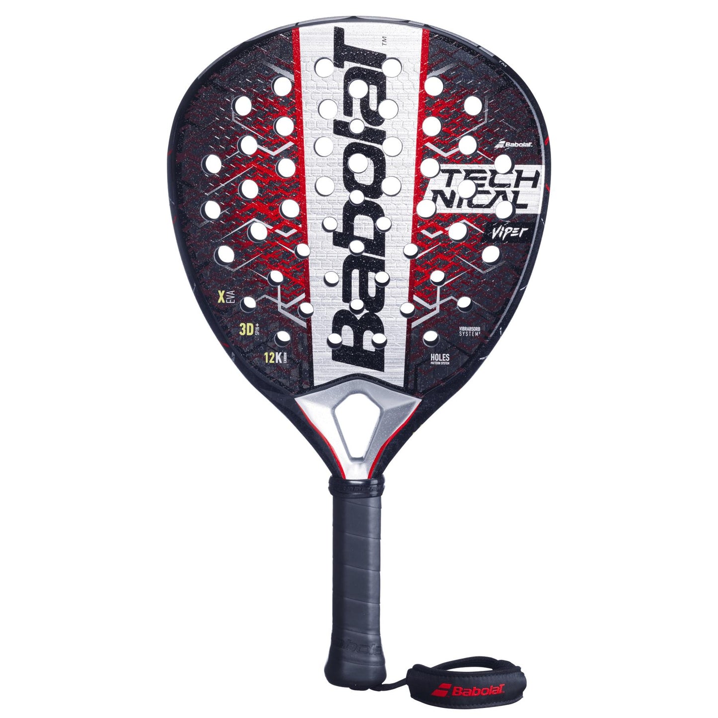 The Babolat Technical Viper 2.5 Padel Racket in black and red features a textured surface with small holes for enhanced spin and a black grip for control. The brand name and model are prominently displayed on the head, adding an extra touch of power.