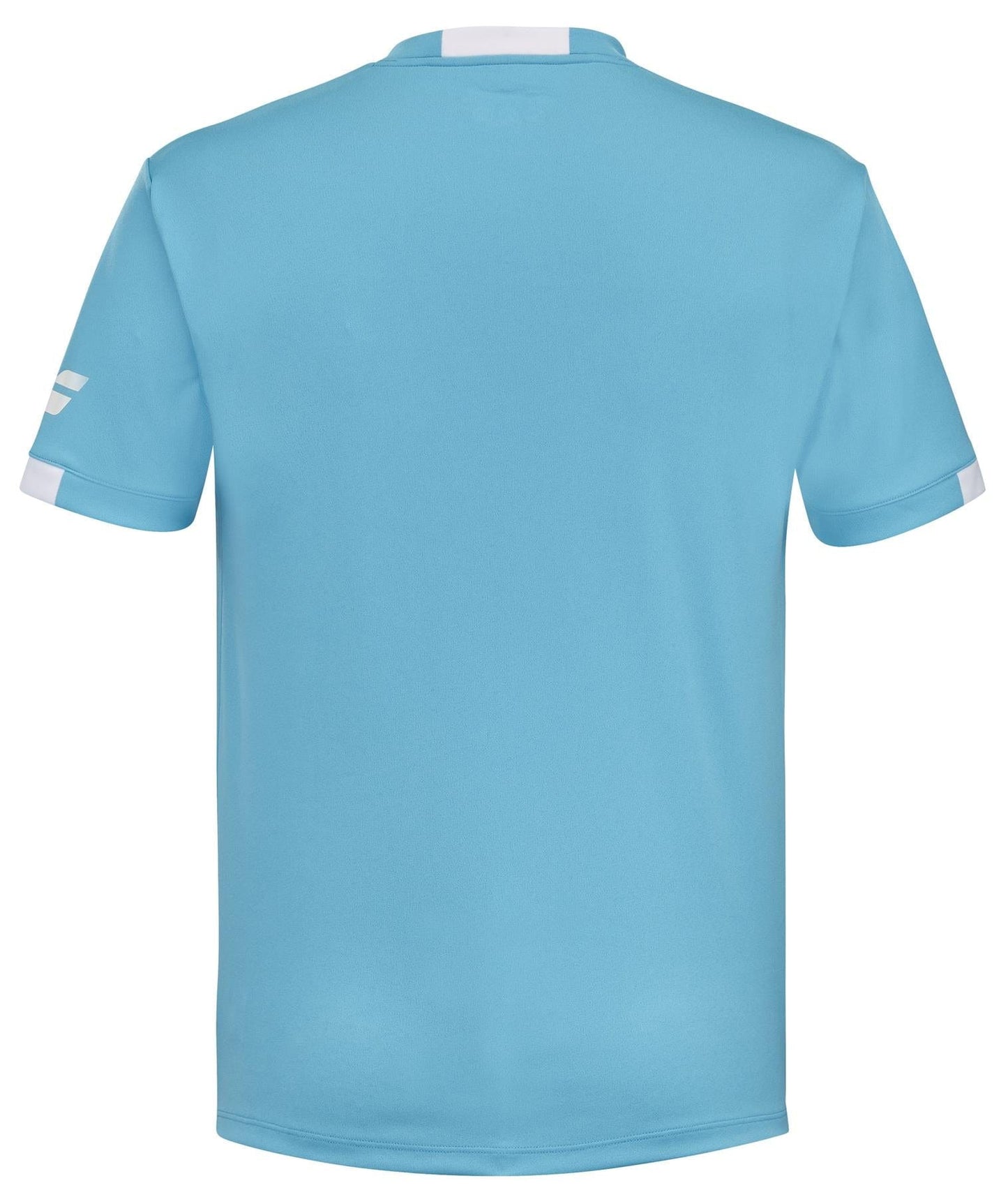The image showcases the back of a cyan blue Babolat Play Men's Crew Neck Padel T-Shirt, featuring short sleeves with white accents near the ends. Crafted from recycled polyester, this plain jersey combines eco-friendly style with comfort thanks to its Fiber Dry technology.